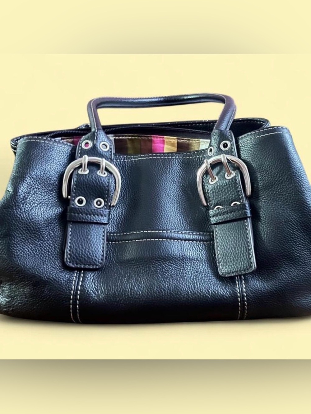 Black Leather-Style Women's Tote Bag with Buckle Accents
